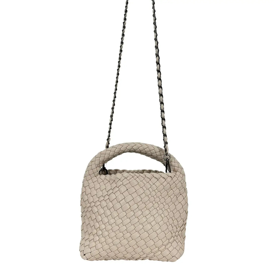 Bassini Borsa Donna Mini Sacca in Ecopelle Intrecciata Beige con Tracolla Catena Rimovibile