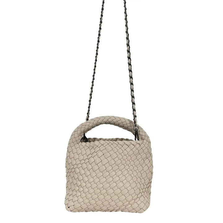 Bassini Borsa Donna Mini Sacca in Ecopelle Intrecciata Beige con Tracolla Catena Rimovibile