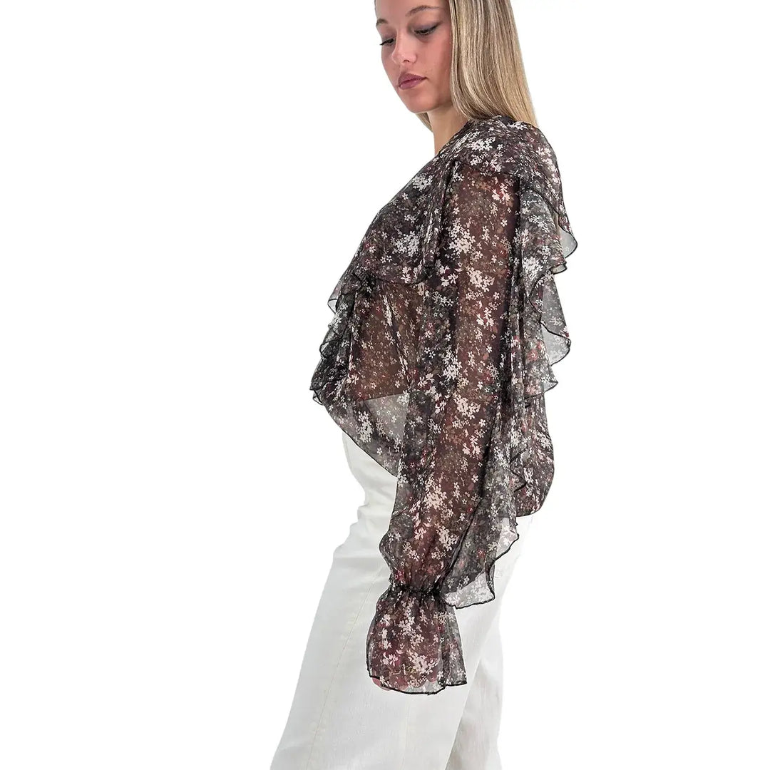 Bassini Camicia Donna Floreale Moro con Scollo V e Ruches su Maniche e Spalle