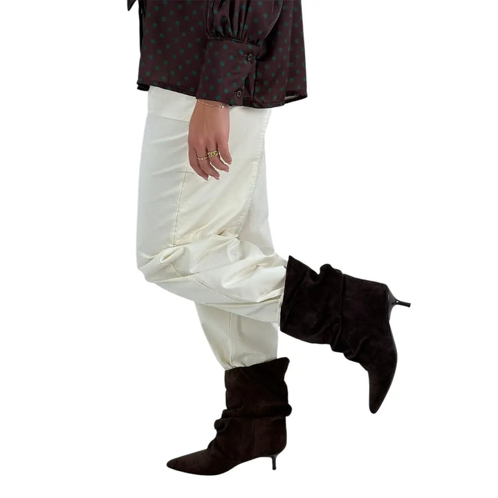 Bassini Pantaloni Donna Palazzo Avorio Oversize in Tessuto Elasticizzato con Tasche a Toppa