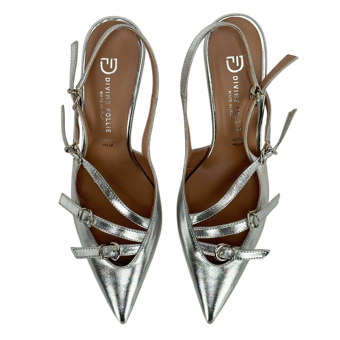 Divine Follie Scarpe Slingback Donna, Cinturini, Pelle Naplak, Argento