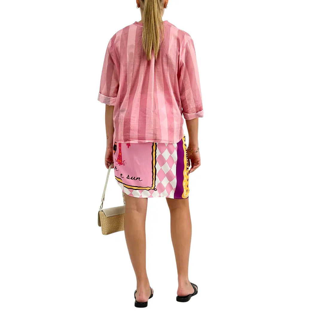 Motel Camicia Donna Rosa a Righe con Nodo Frontale, Collo Coreano e Maniche Tre Quarti