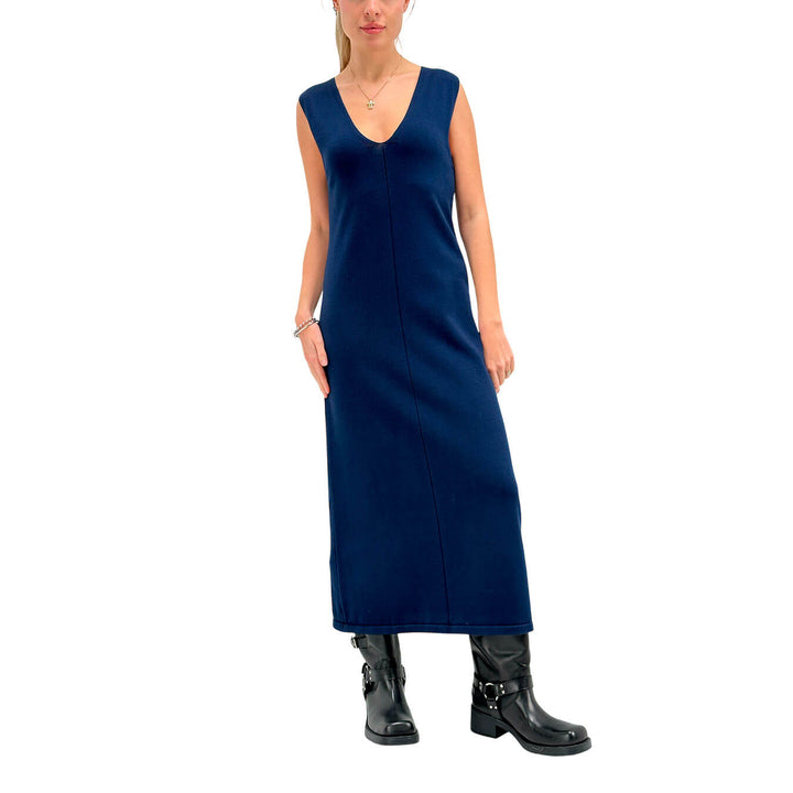 Kontatto Abito Basic Donna, Scollo a V, Lungo, Viscosa, Blu