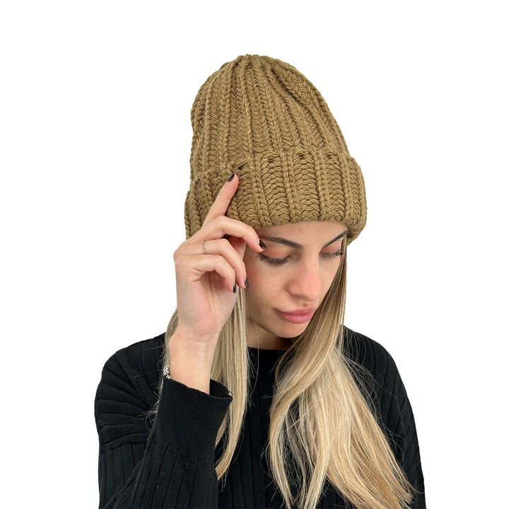 Bassini Cappello Donna, Coste, Risvolto, Tricot, Beige