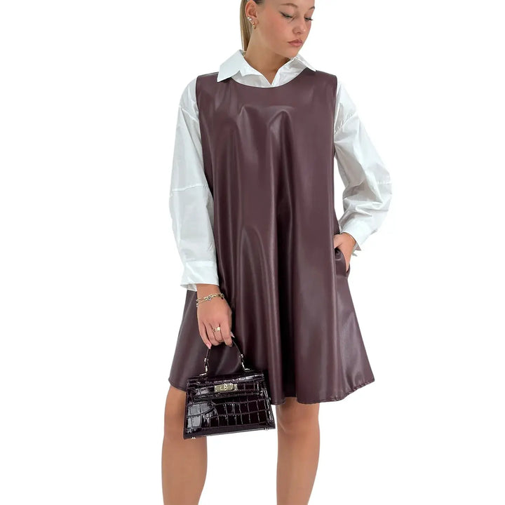 Bassini Abito Donna in Ecopelle Vino Smanicato Oversize a Trapezio con Scollo a Barca e Tasche Laterali