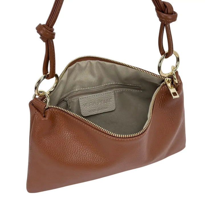Bassini Borsa Donna Piatta in Pelle con Zip e Tracolla Intercambiabile Cognac