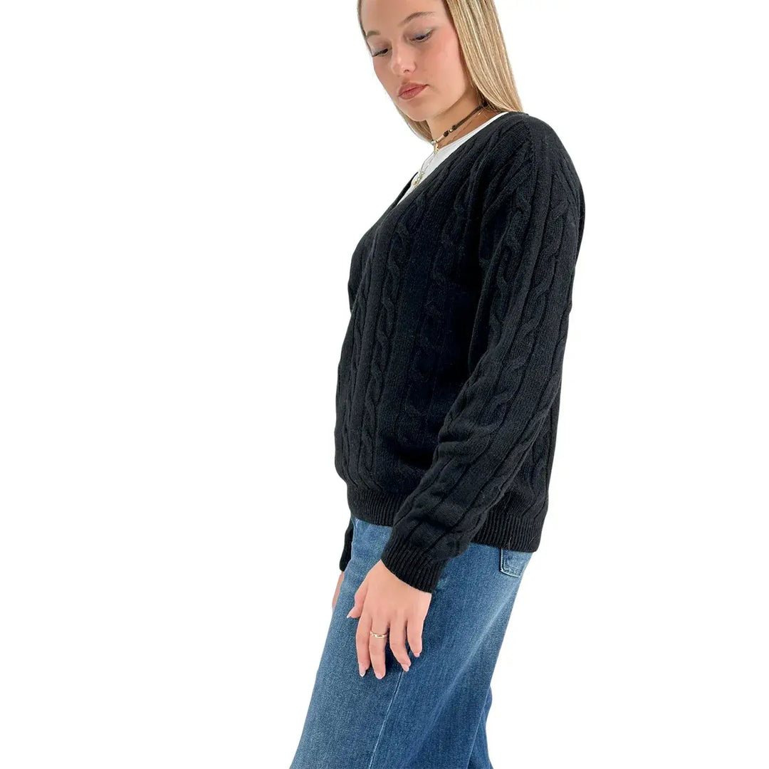 Bassini Maglia Donna Nera a Treccia con Scollo a V e Maniche Raglan Oversize