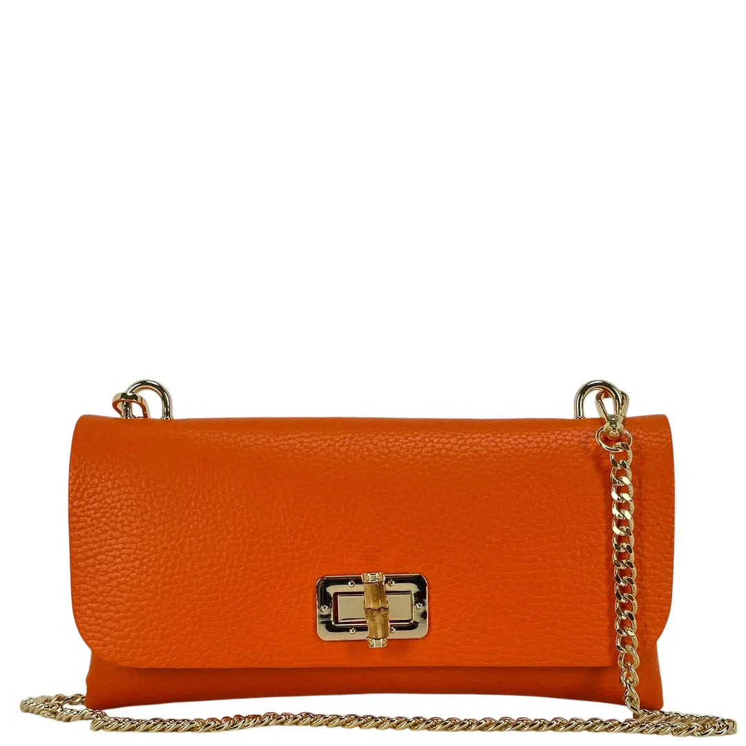 Bassini Borsa Donna Piccola in Pelle Arancio con Tracolla Oro e Chiusura Girello Bambù