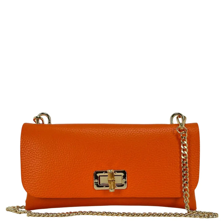 Bassini Borsa Donna Piccola in Pelle Arancio con Tracolla Oro e Chiusura Girello Bambù