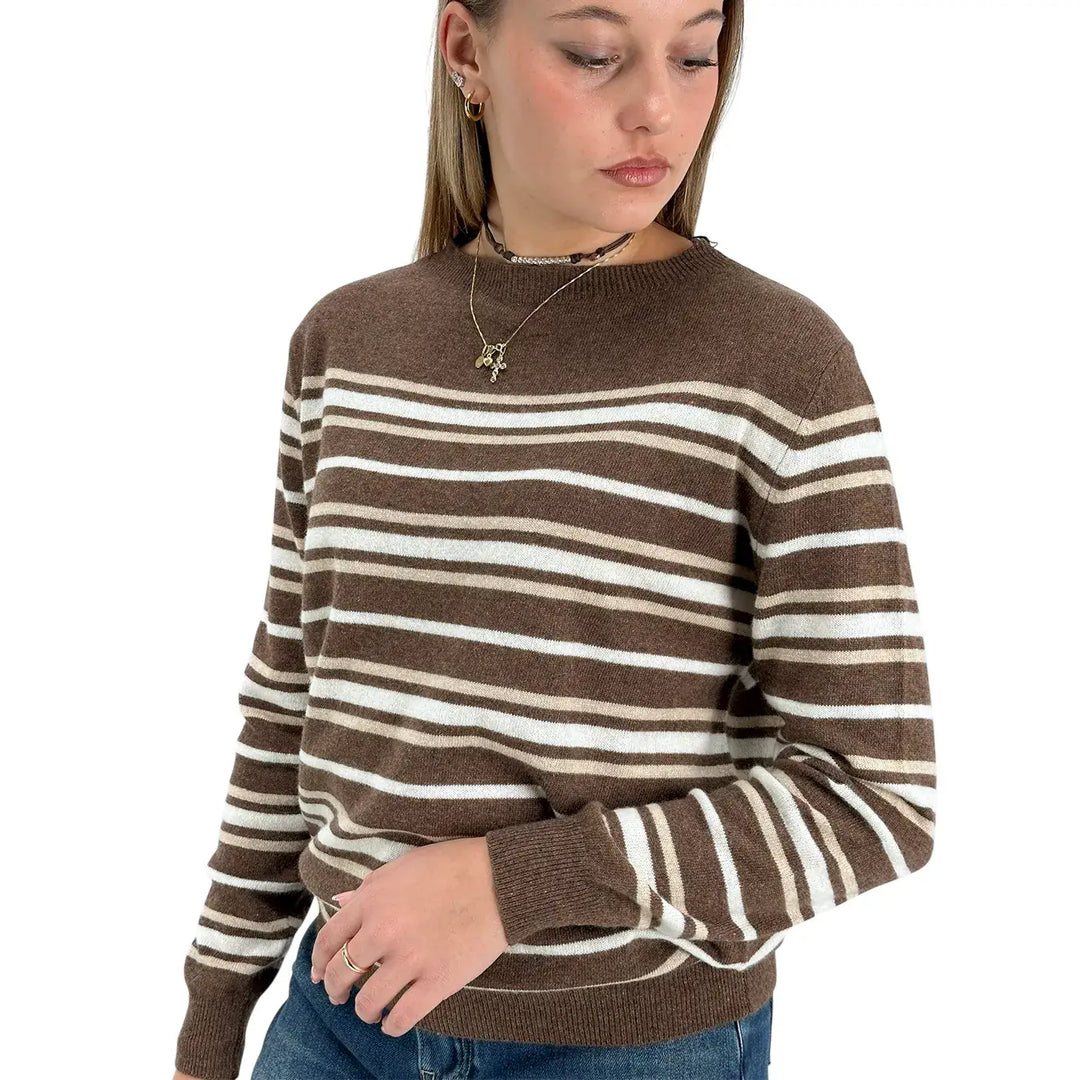Bassini Maglia Donna Marrone a Righe Panna e Cammello Girocollo Oversize