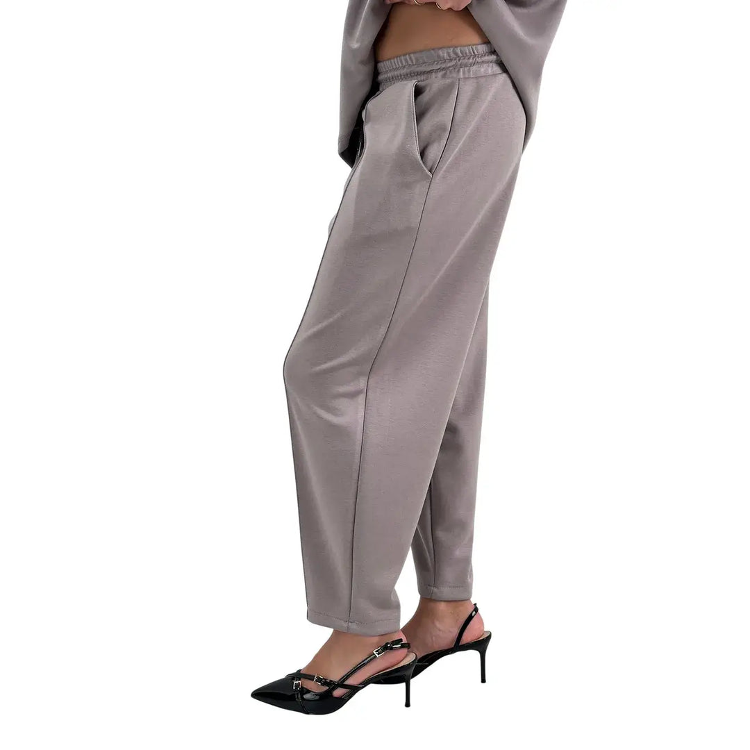 Bassini Pantaloni Donna Grigio Perla in Felpa a Sigaretta Over con Coulisse e Tasche Laterali