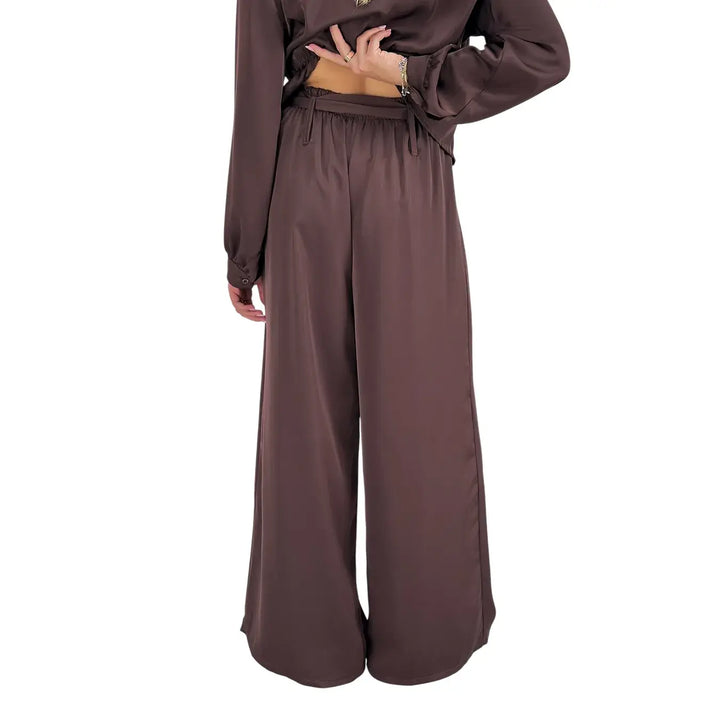Bassini Pantaloni Donna Palazzo Marrone Oversize con Elastico in Vita e Cintura a Fiocco
