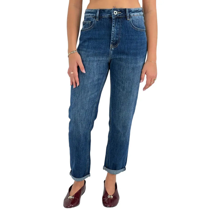 Bassini Jeans Donna Blu Scuro Straight in Denim Elasticizzato Morbido