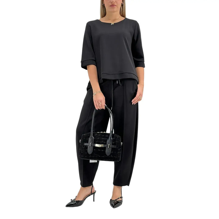 Bassini Felpa Donna Nera Oversize con Scollo a Barca e Maniche Tre Quarti