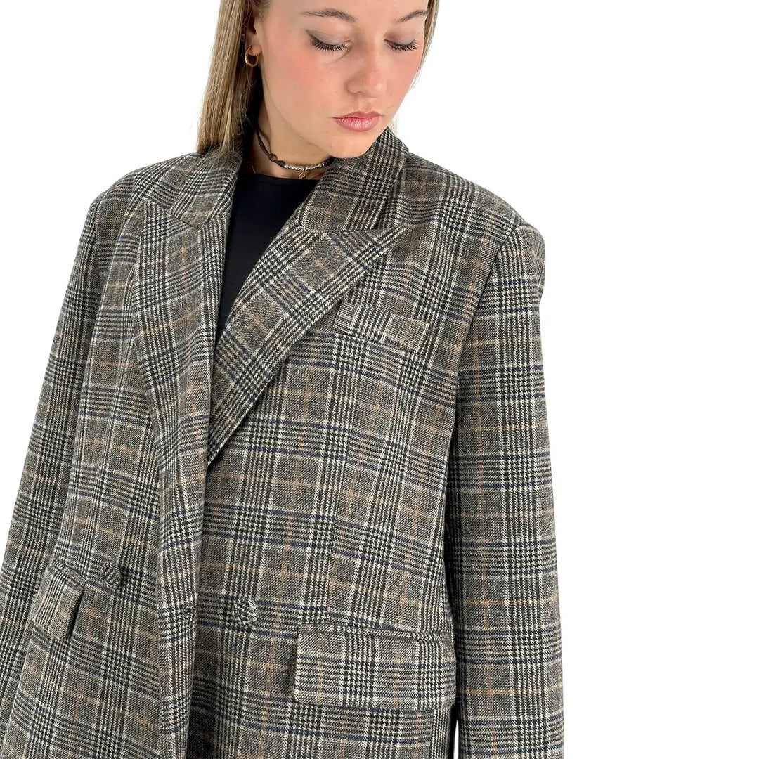 Bassini Cappotto Donna Lungo Marrone e Blu Principe di Galles Doppiopetto