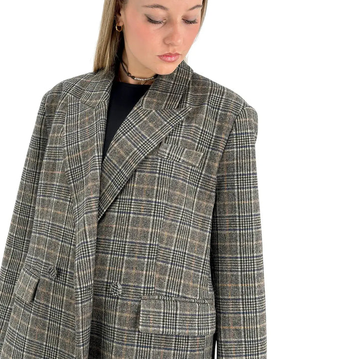 Bassini Cappotto Donna Lungo Marrone e Blu Principe di Galles Doppiopetto
