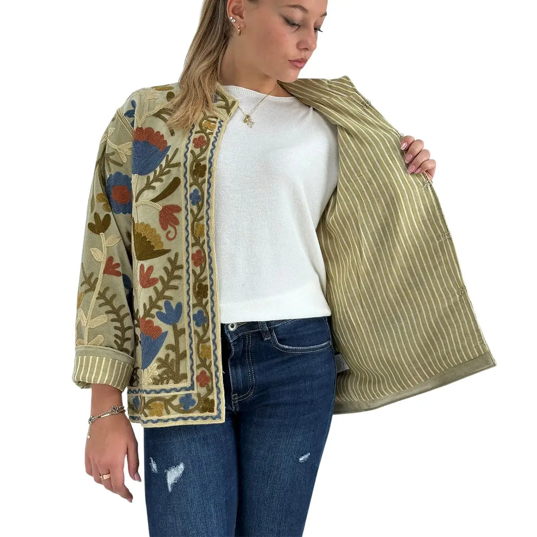 Bassini Giacca Donna Modello Suzani Verde in Velluto con Ricami Floreali Blu