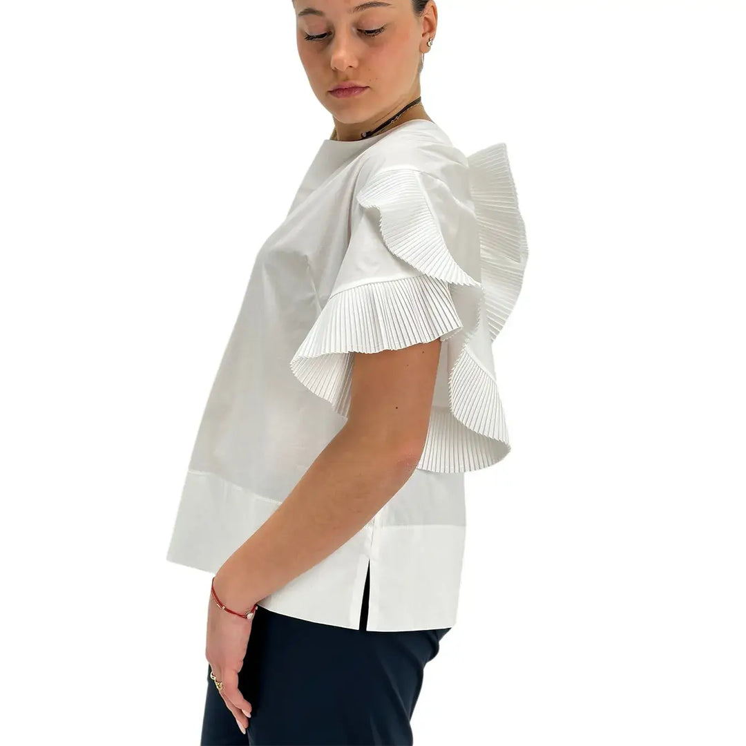 Meimeij, Blusa, Donna, Scollo Plissè, Bianco