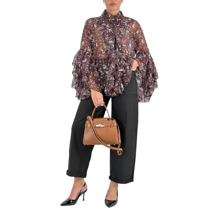 Bassini Pantaloni Donna Palazzo Nero Oversize in Tessuto Elasticizzato con Tasche a Toppa