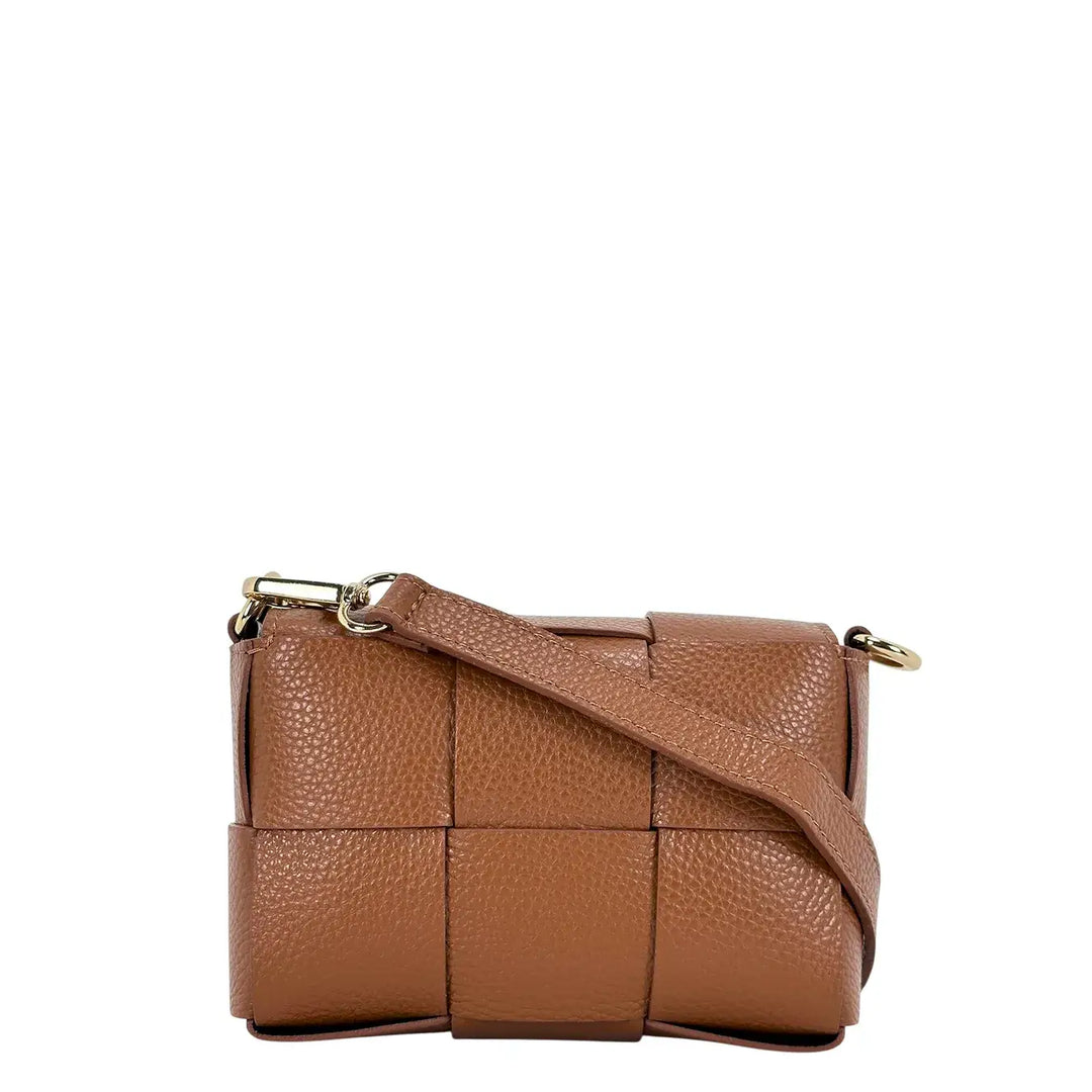 Bassini Borsa Donna Piccola in Pelle Cuoio Intrecciata con Tracolla Rimovibile e Patta Magnetica