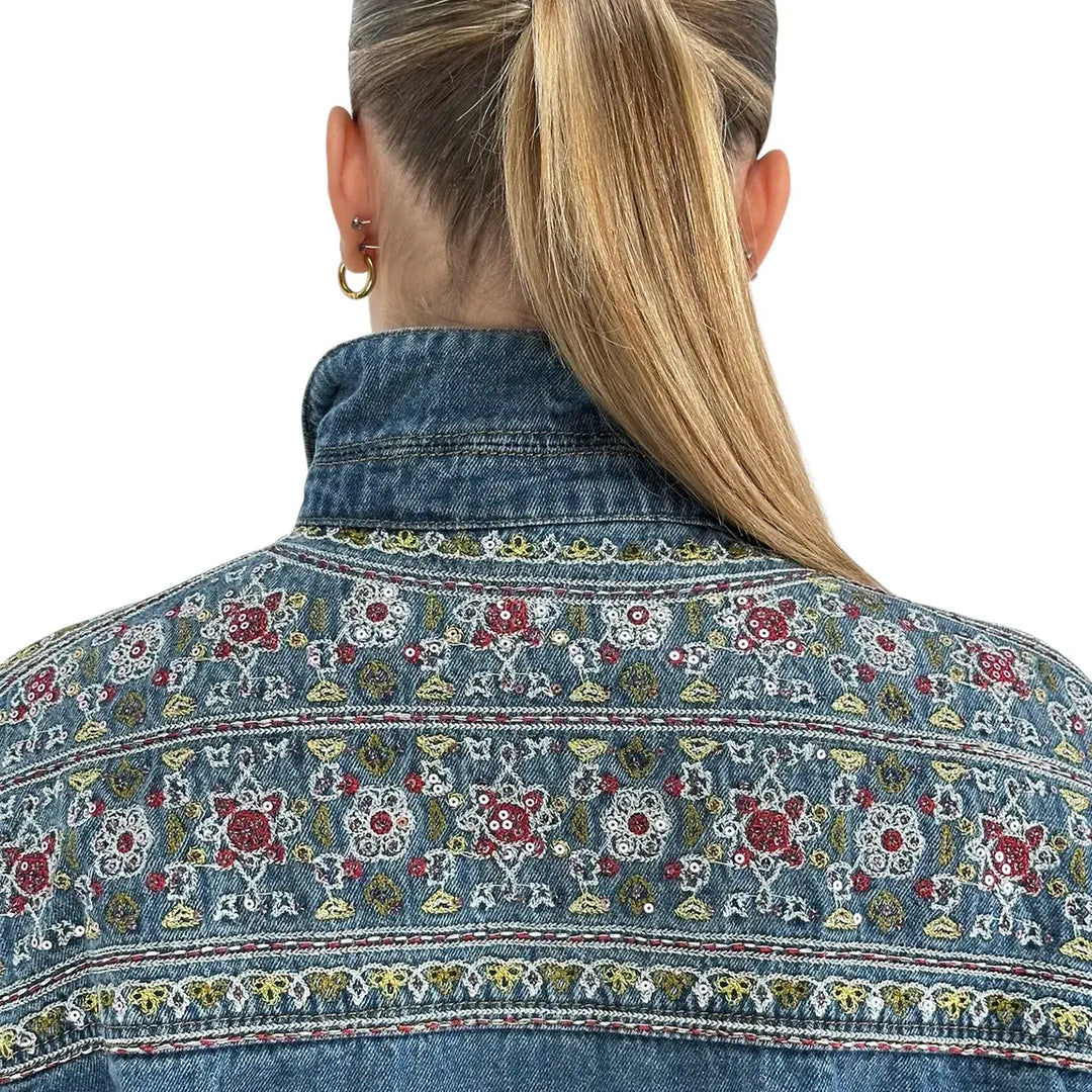 Bassini Giubbotto Donna Blu Medio Modello Trucker in Denim Elasticizzato con Ricami e Paillettes