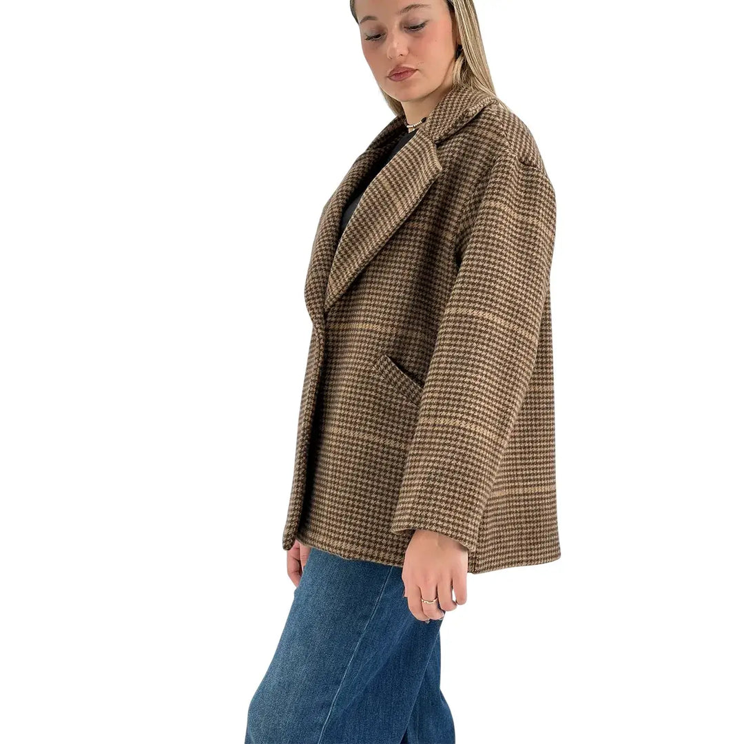Bassini Cappottino Donna Corto Marrone Pied de Poule Oversize con Un Bottone