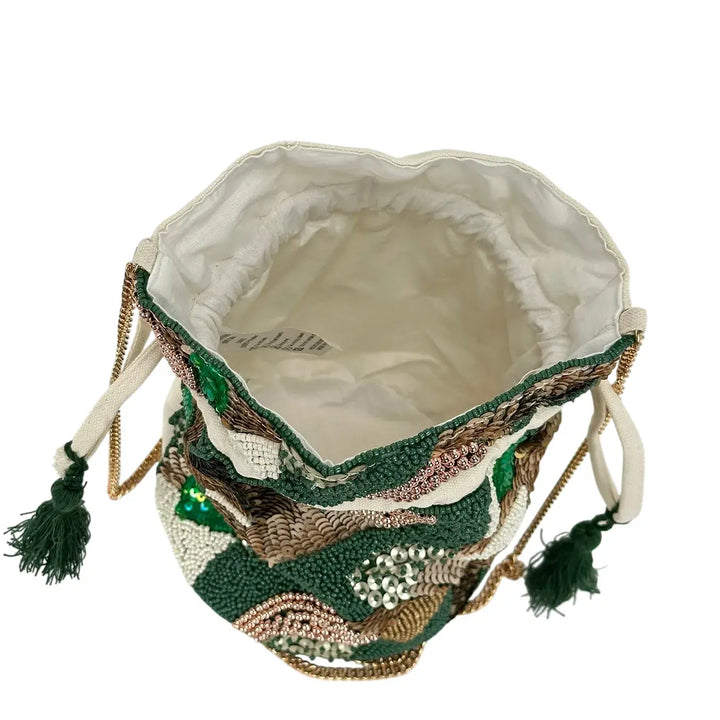 Bassini Borsa Donna Mini Secchiello in Cordura con Perline Verde e Tracolla a Catena Oro
