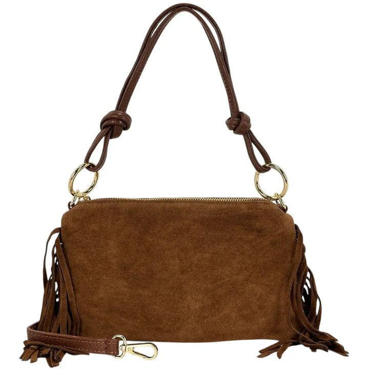 Bassini Borsa Donna in Pelle Scamosciata Cognac con Frange Laterali e Tracolla Intercambiabile