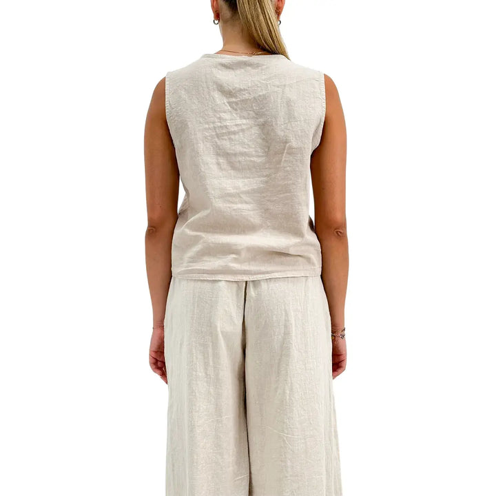 Bassini Camicia Donna Beige Smanicata in Lino e Cotone con Bottoni e Collo a V