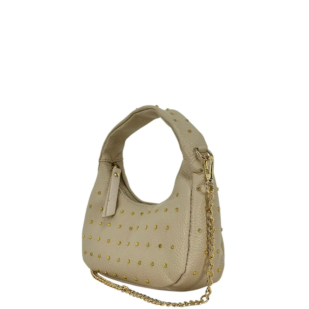 Bassini Borsa Donna Mini Sacca in Pelle Avorio con Borchie Oro e Tracolla Catena Rimovibile