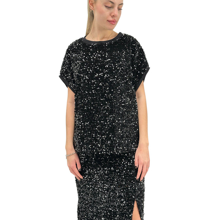 Motel Maglia Donna, T-Shirt, Girocollo, Full Paillettes, Nero