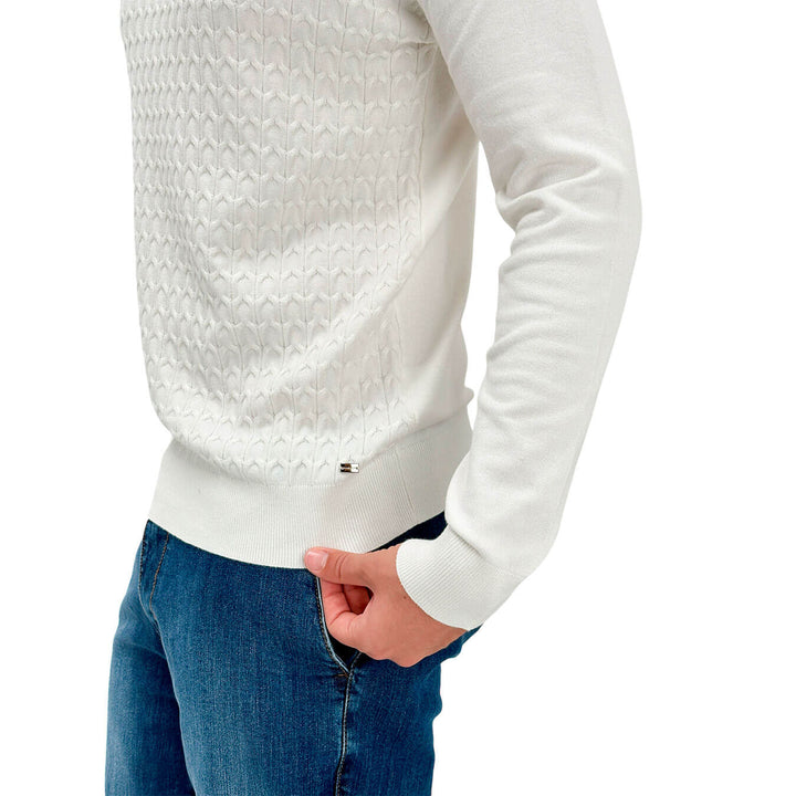 MarKup Men's Sweater, High Neck, Braid Pattern, Mixed Fabric, White