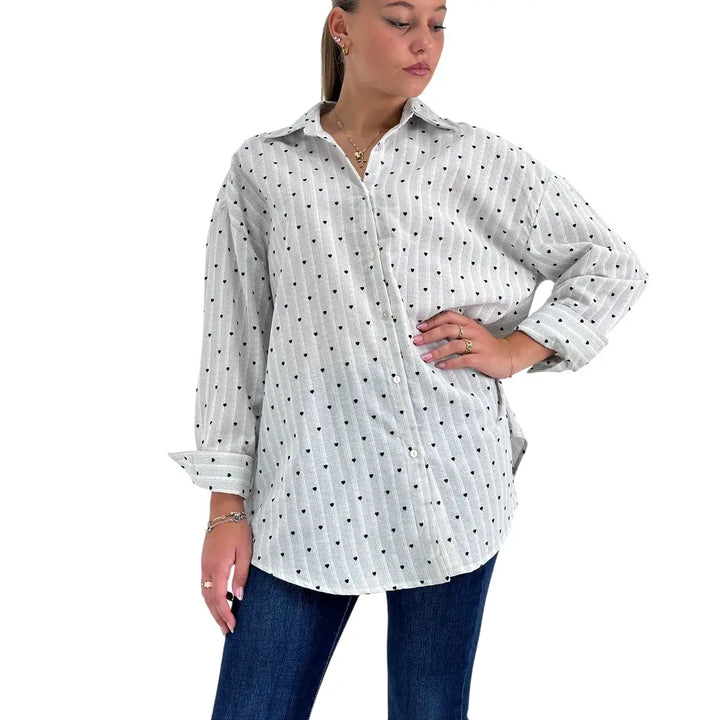 Bassini Camicia Donna Over Celeste a Righe con Micro Ricami a Cuore Blu in 100% Cotone