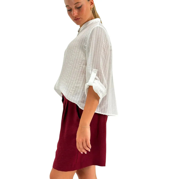 Bassini Camicia Donna Bianca Micro Gessata con Maniche 3/4 Collo alla Coreana e Linguetta Abbottonata