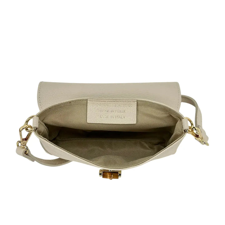 Bassini Borsa Donna Mini in Pelle Beige con Pattina Girello Bambù e Tracolla Rimovibile
