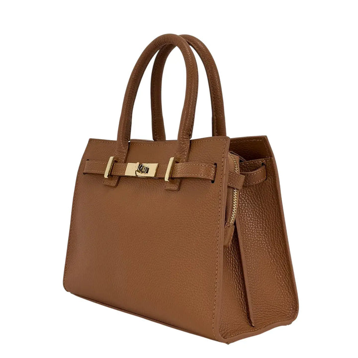 Bassini Borsa Donna in Pelle Cuoio con Doppi Manici, Tracolla Rimovibile e Chiusura con Zip