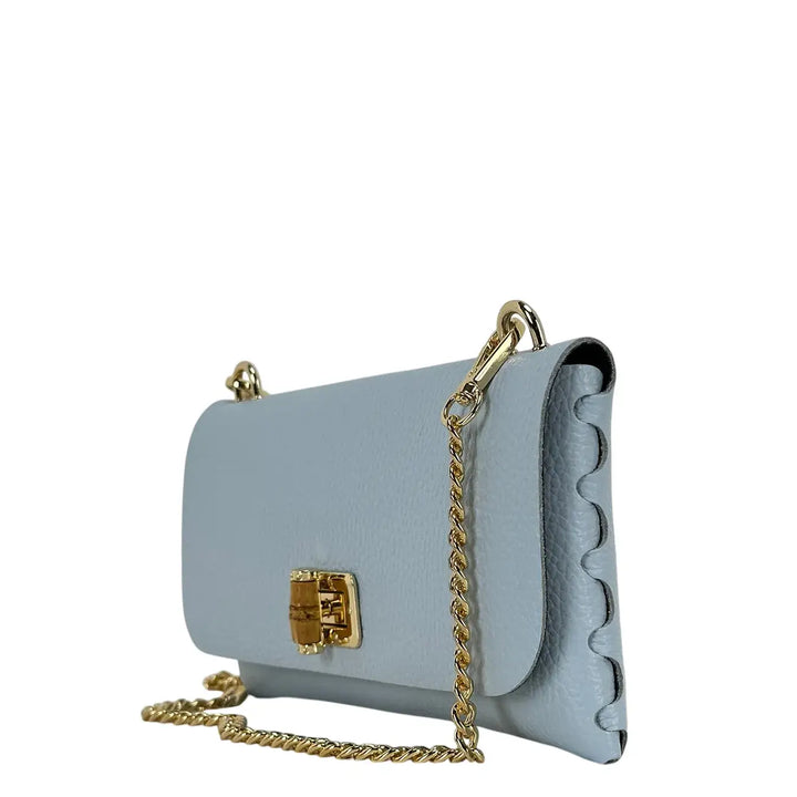 Bassini Borsa Donna Piccola in Pelle Celeste con Tracolla Catena Oro e Chiusura Girello Bambù