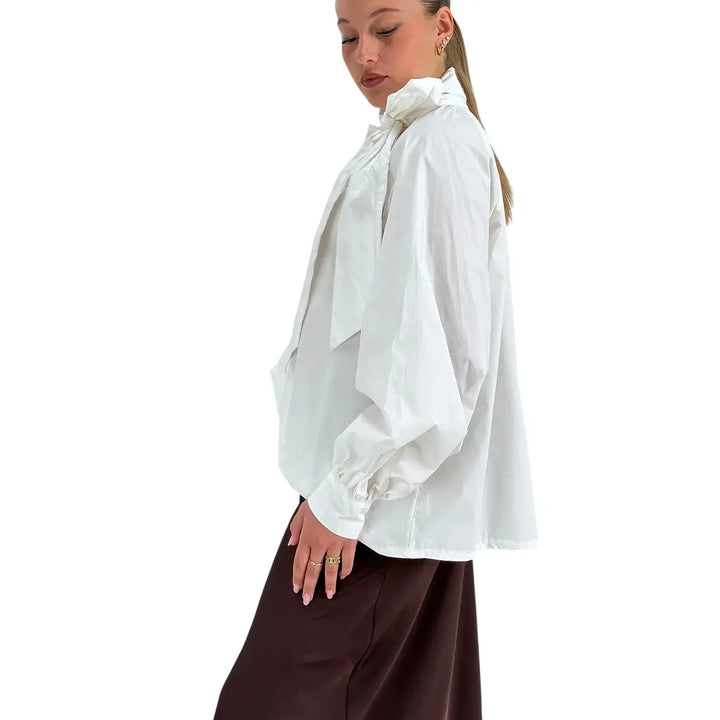 Bassini Blusa Donna Bianca Oversize in Cotone con Collo a Fiocco