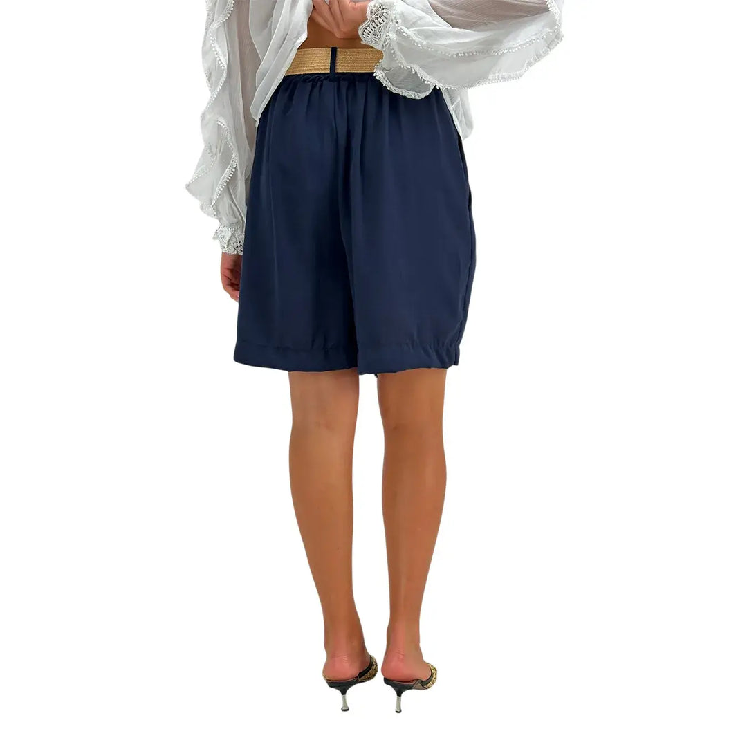 Bassini Bermuda Donna Blu in Lino e Cotone con Cintura in Rafia