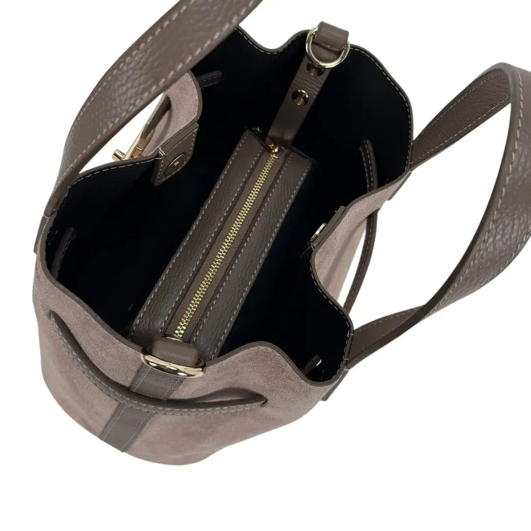 Bassini Borsa Donna Secchiello in Pelle Scamosciata Taupe con Doppi Manici e Tracolla Rimovibile