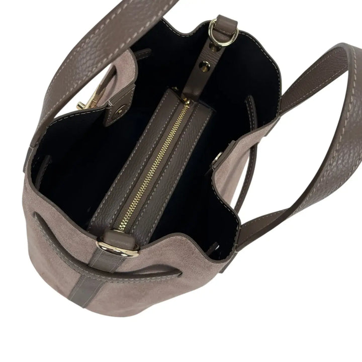 Bassini Borsa Donna Secchiello in Pelle Scamosciata Taupe con Doppi Manici e Tracolla Rimovibile