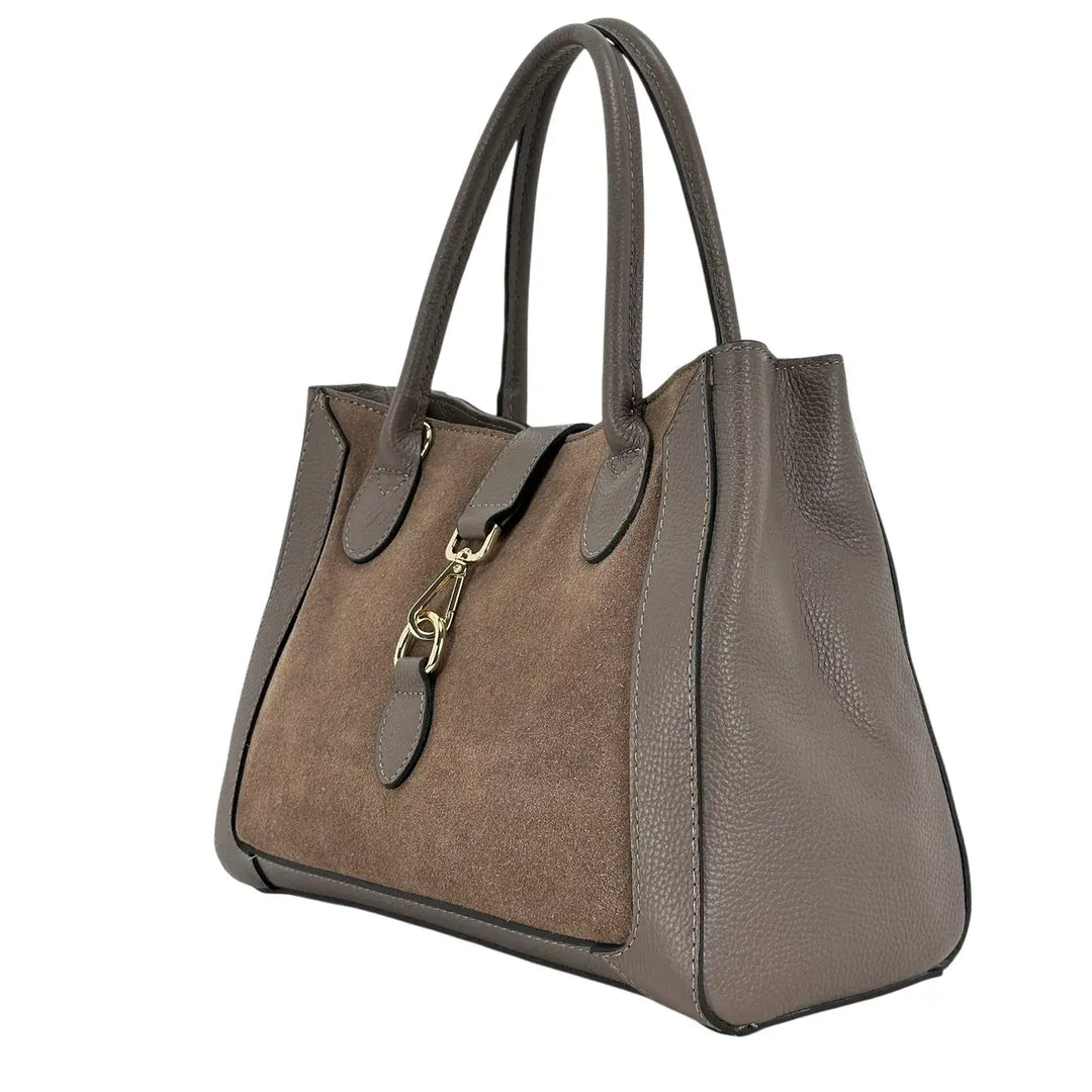 Bassini Borsa Donna in Pelle Scamosciata e Dollaro Taupe con Doppi Manici e Tracolla Rimovibile
