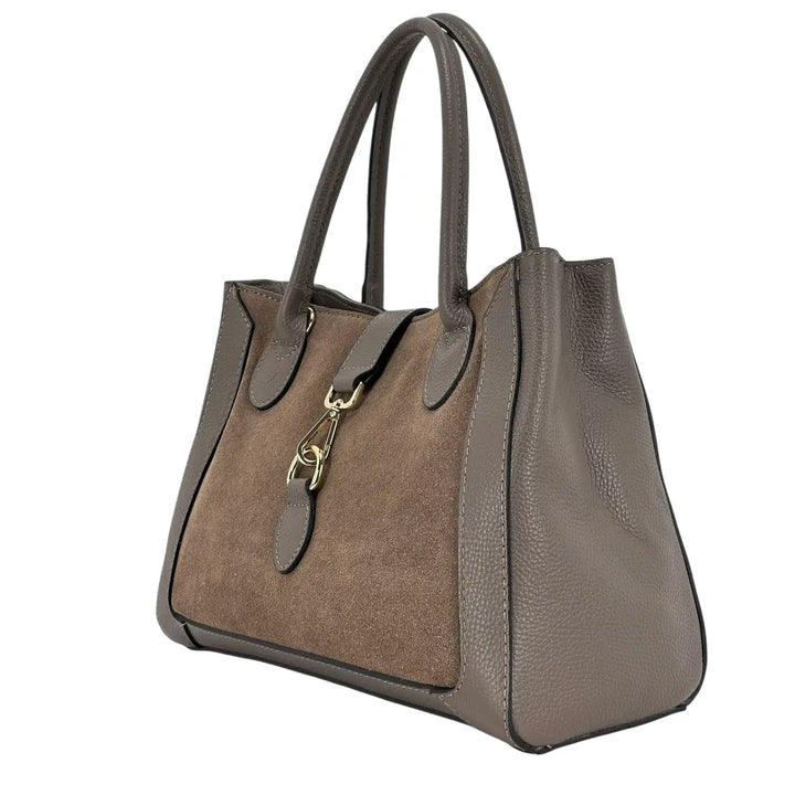 Bassini Borsa Donna in Pelle Scamosciata e Dollaro Taupe con Doppi Manici e Tracolla Rimovibile
