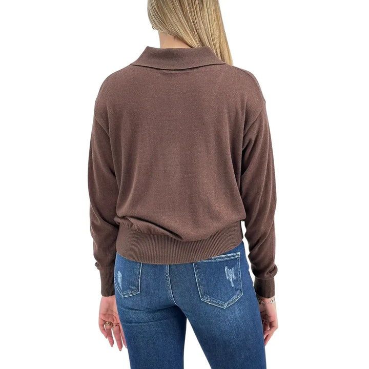 Bassini Maglia Donna Cioccolato Polo Crop Over a Tre Bottoni con Maniche Lunghe