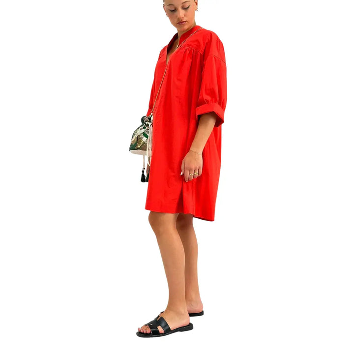 Ottod'Ame Abito Donna Fiamma in Cotone con Maniche Tre Quarti e Collo Coreano Aperto