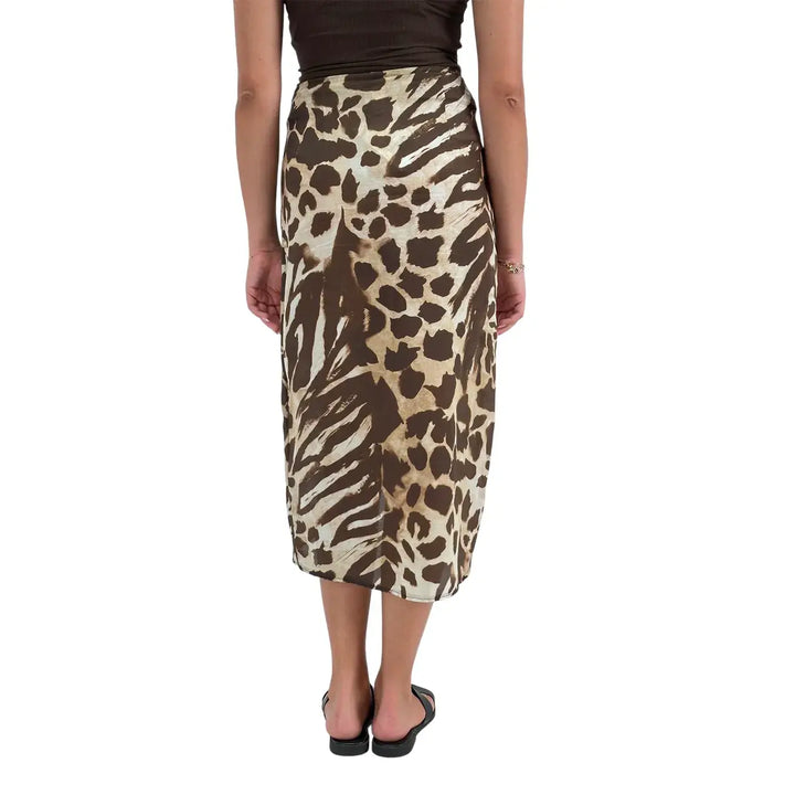 Bassini Gonna Donna Leopardata Marrone di Media Lunghezza con Nodo Laterale
