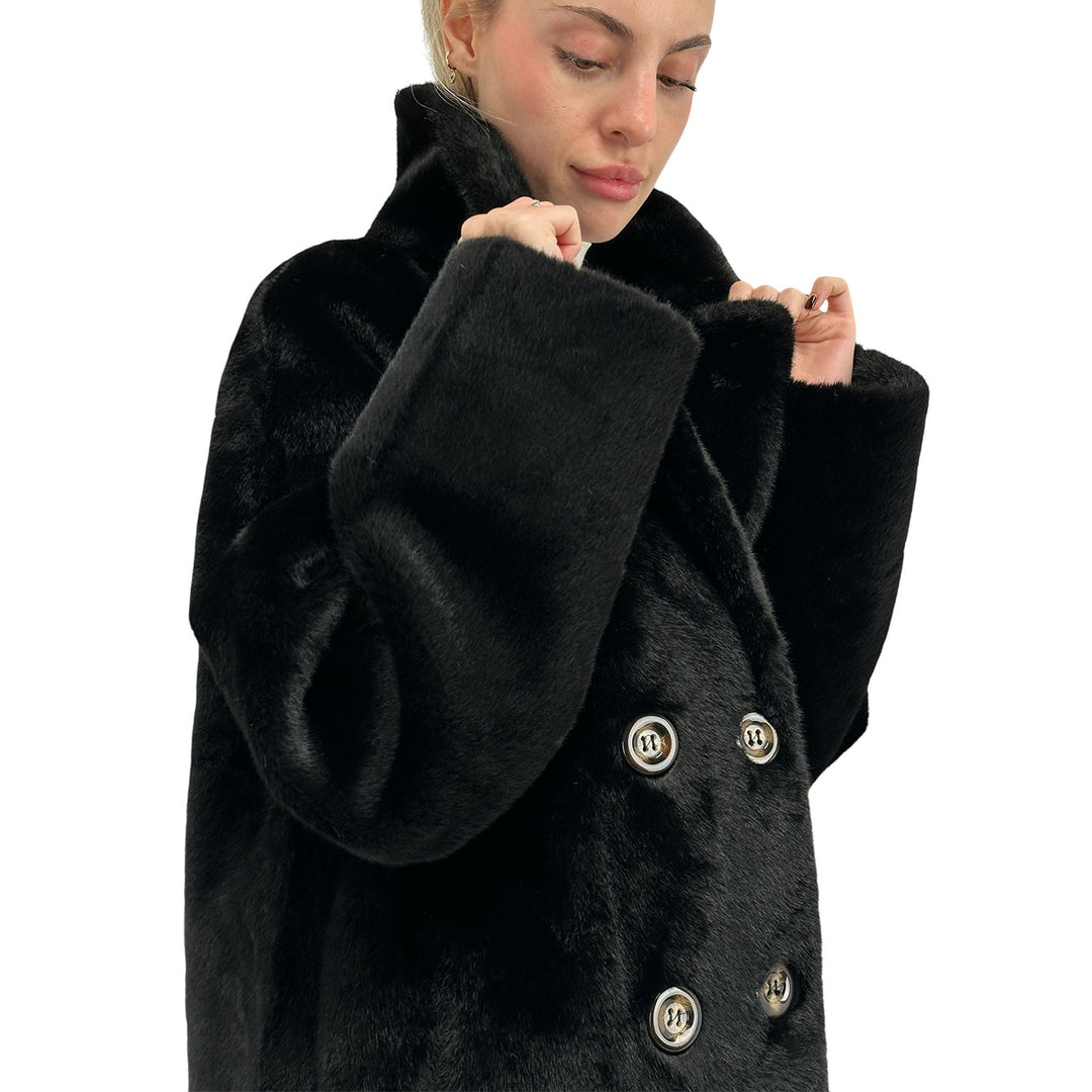 Bassini Cappotto Faux Mink Fur Donna, Pelliccia Sintetica, Nero