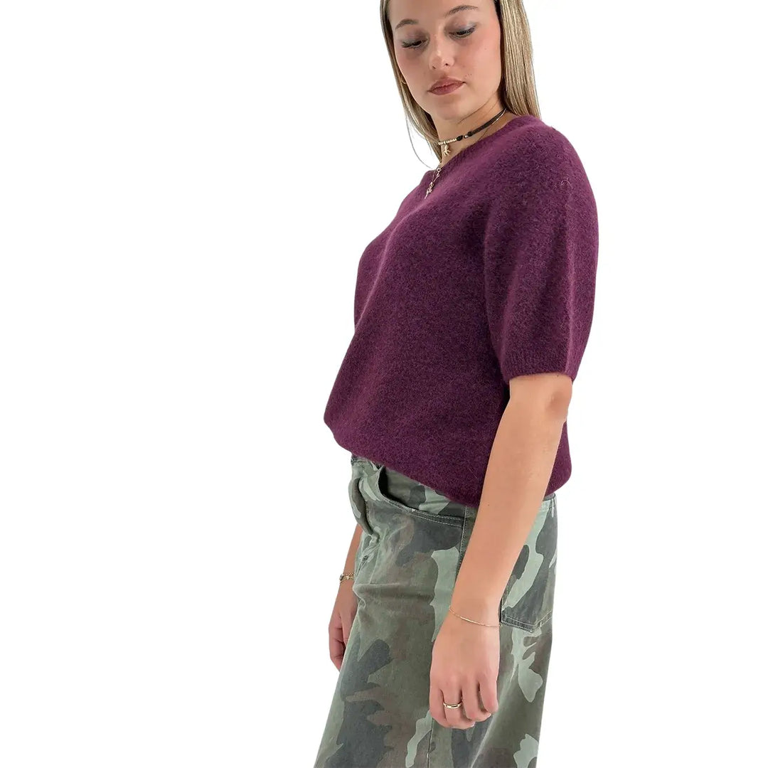 Bassini Maglia Donna Borgogna Girocollo Oversize con Maniche Corte Raglan e Orlo a Costine