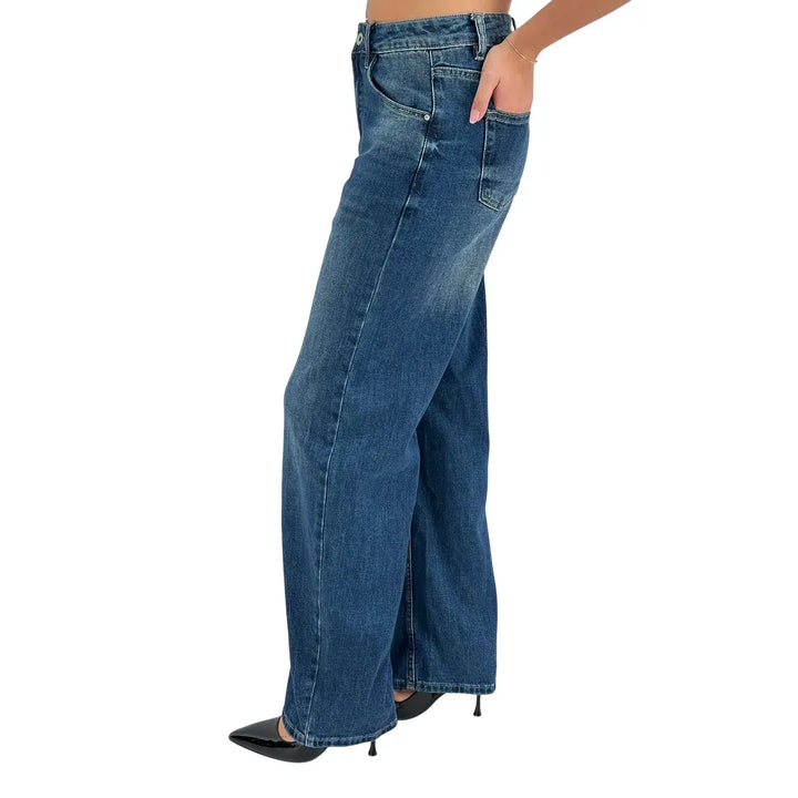 Bassini Jeans Donna Blu Scuro Oversize in Denim Elasticizzato Morbido