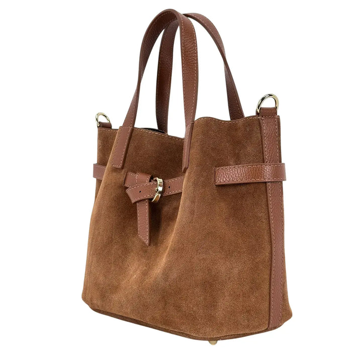 Bassini Borsa Donna a Secchiello in Pelle Scamosciata Cognac con Due Manici e Tracolla Rimovibile